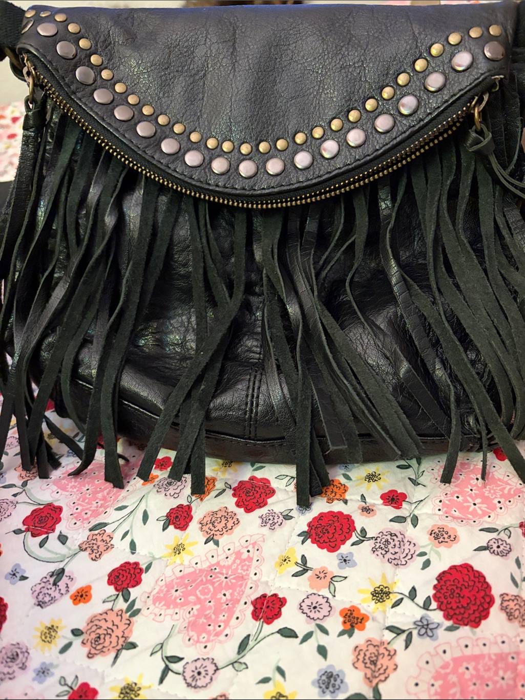 The Sak Black Leather Fringe Crossbody With Stud Accents